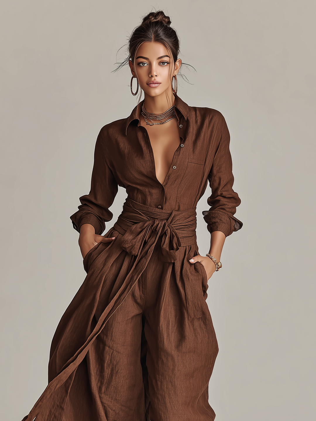 Flowy long sleeve wide leg jumpsuit for women, featuring a comfortable tie waist, ideal for resort wear.