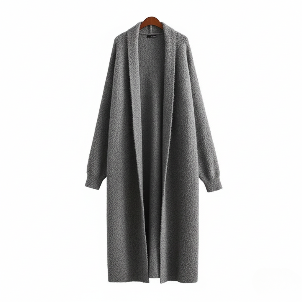 Model wearing a stylish longline open front cardigan, showcasing its elegant drape and comfortable fit.