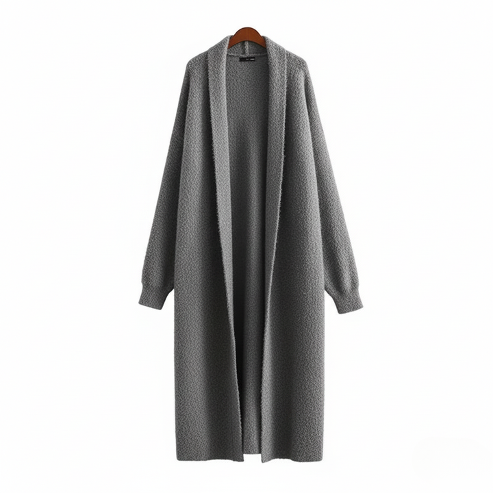 Model wearing a stylish longline open front cardigan, showcasing its elegant drape and comfortable fit.