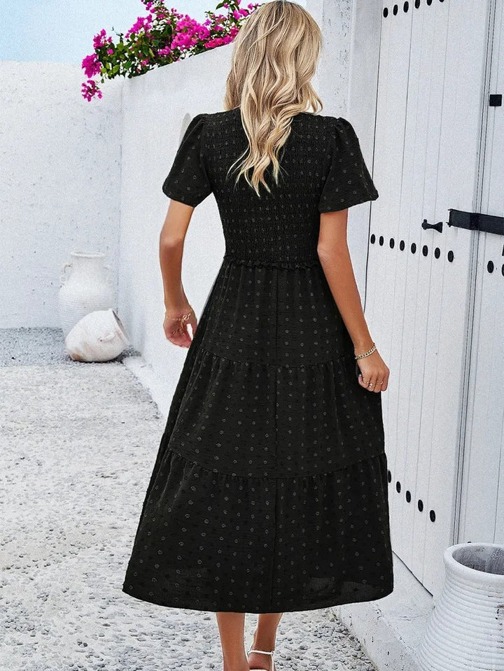 White casual midi dress for women, loose fit & comfortable for autumn everyday style.