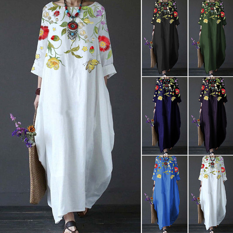 Women's loose fit round neck maxi dress with vibrant floral print, perfect for summer casual wear