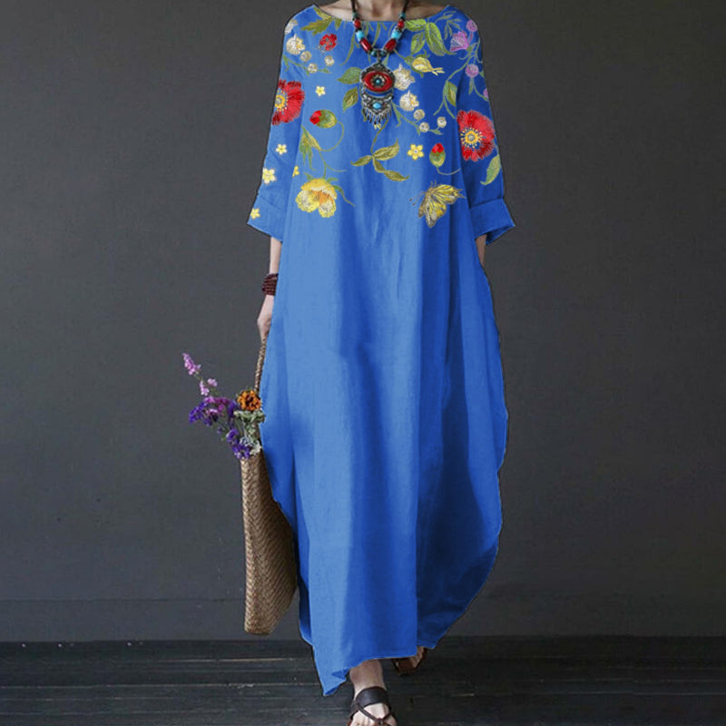 Round neck long printed dress for women, showcasing a beautiful design suitable for casual elegance