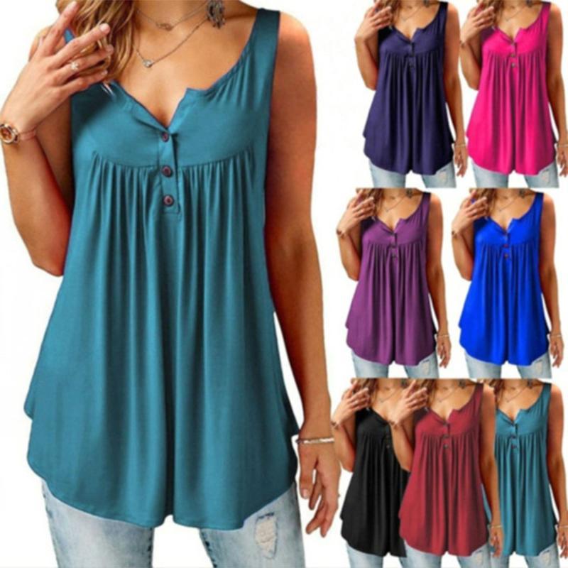 Women's loose fit V-neck tank top with button detail, ideal for casual summer fashion.