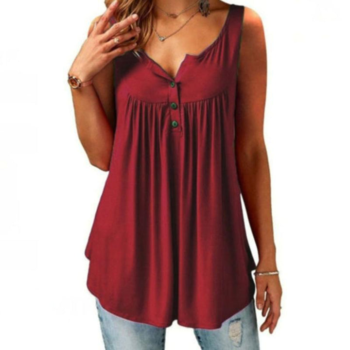 Sleeveless polyester V-neck tank top for women, featuring a stylish button front.