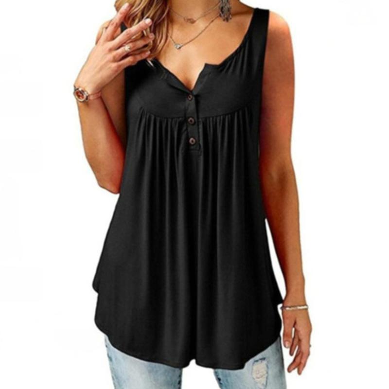 Close-up of button detail on a women's loose V-neck tank top, great for summer.
