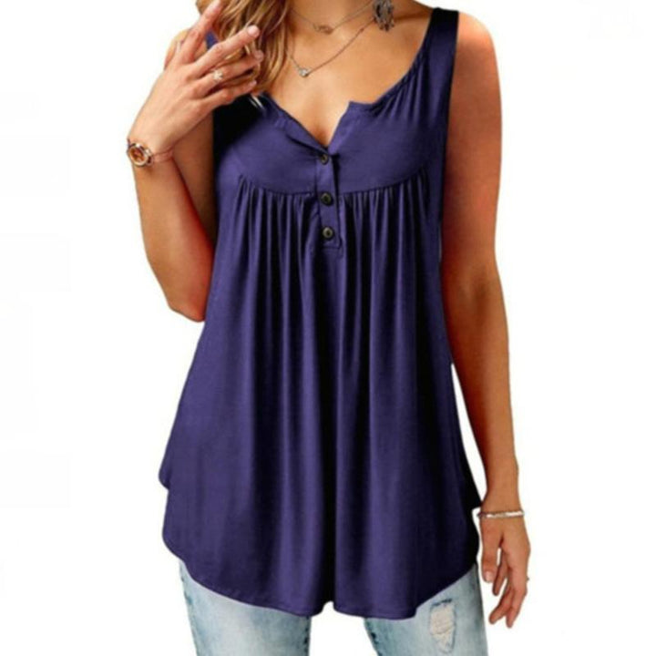 Women's casual v-neck tank, loose fit, with prominent button front, in summer style.