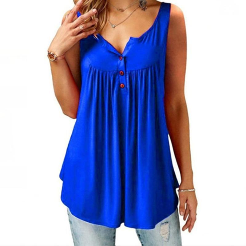 Sleeveless women's polyester V-neck, loose silhouette with functional or decorative buttons.