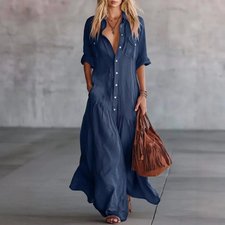Women's loose tiered button-down maxi dress in a flowy, relaxed fit, perfect for casual summer effortless style.