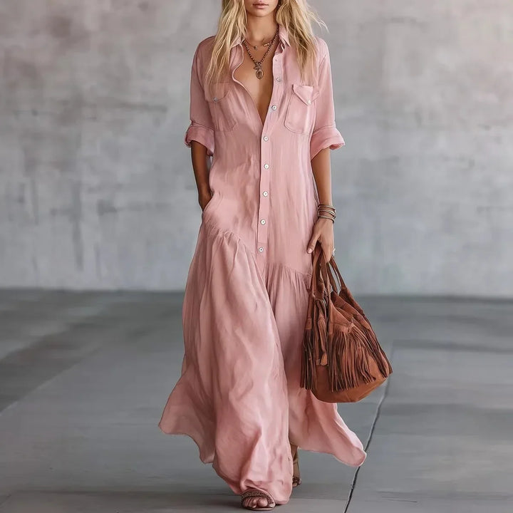 Elegant women's tiered button-down maxi dress, loose and flowy, ideal for versatile casual to semi-formal summer looks.