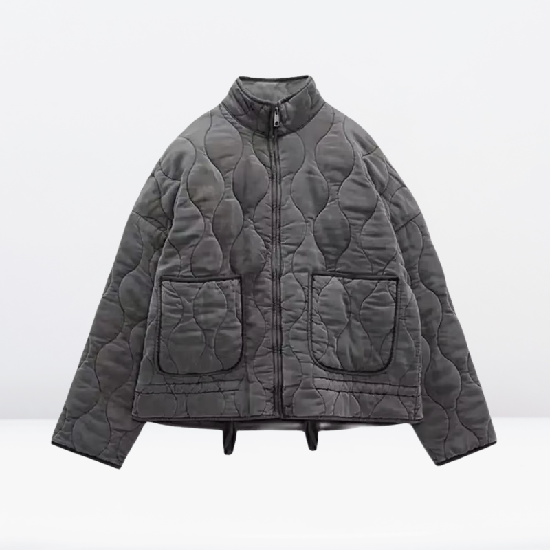 Black women's padded jacket with drawstring waist, perfect for fall & winter warmth. Stylish casual outerwear.