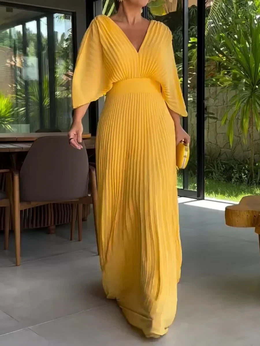 Women's Lovella V-neck pleated kaftan maxi dress, elegant flowy summer style.