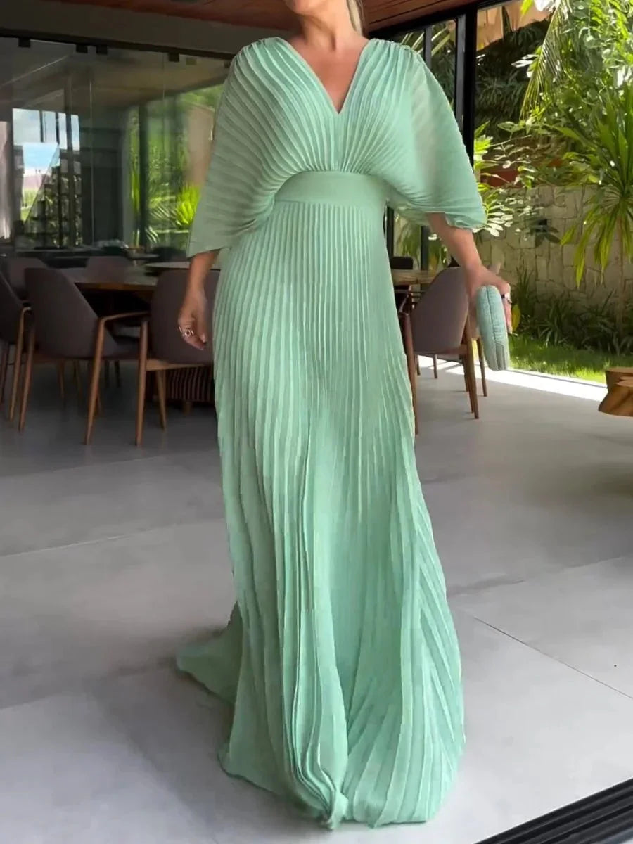Pleated V-neck kaftan maxi dress for women, featuring a flattering fit and elegant summer flow.