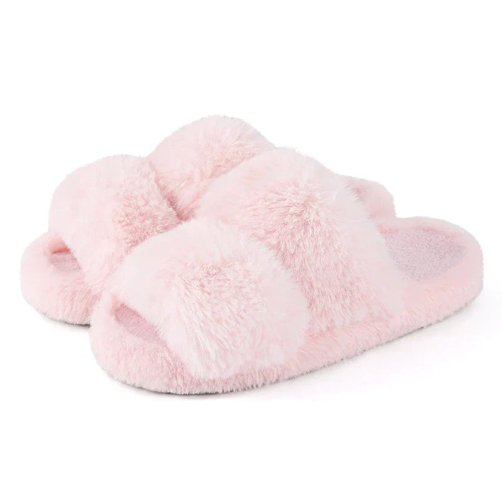 Overhead view of women's gray faux fur slide slippers, ideal for indoor relaxation and warmth.