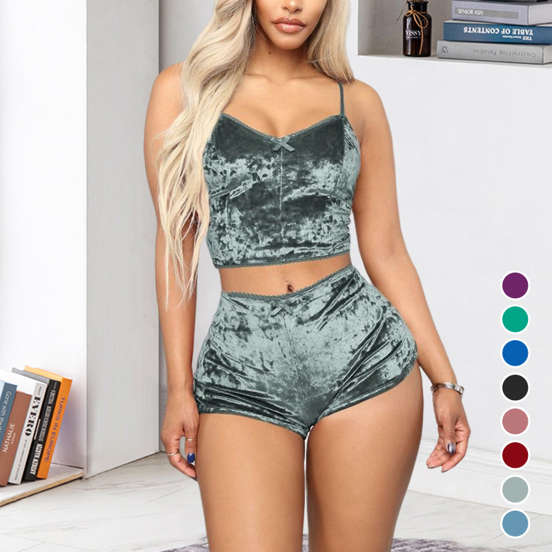 Women's luxurious deep red velvet V-neck cami shorts pajama set, perfect for romantic sleepwear