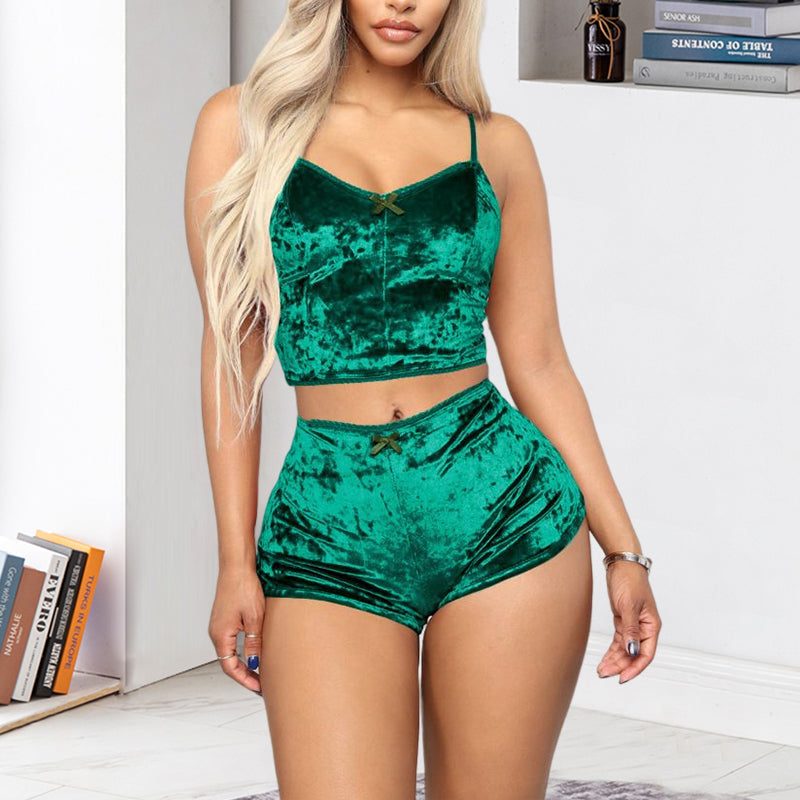 Detailed shot of the velvet texture on a V-neck camisole and matching shorts pajama set