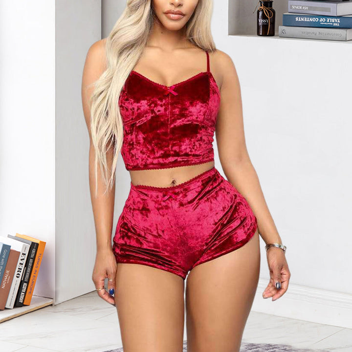 Comfortable peach velvet V-neck loungewear set, a chic cami and shorts for restful sleep