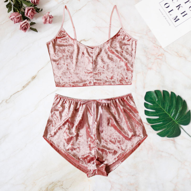 Elegant black velvet V-neck cami and shorts intimate set, offering a touch of romance