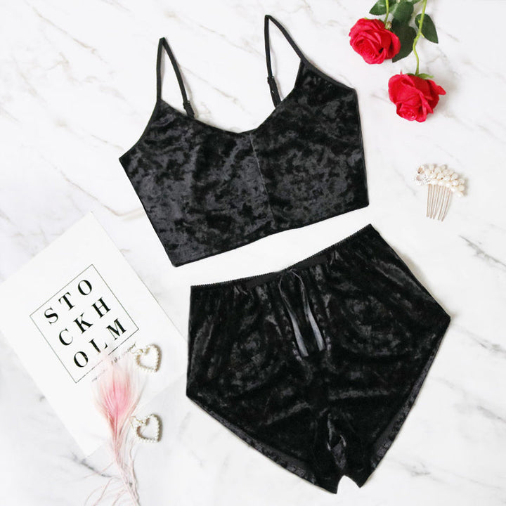 Blue velvet V-neck sleepwear set for women, featuring a cami top and matching shorts