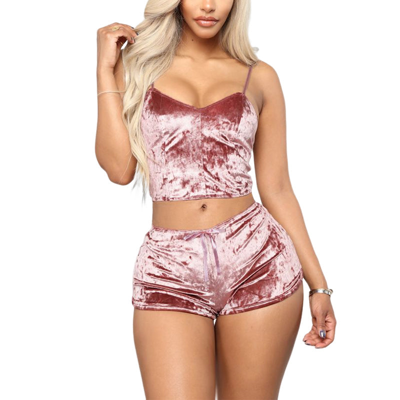 Stylish gray velvet V-neck loungewear set, a cozy camisole and shorts for relaxing nights