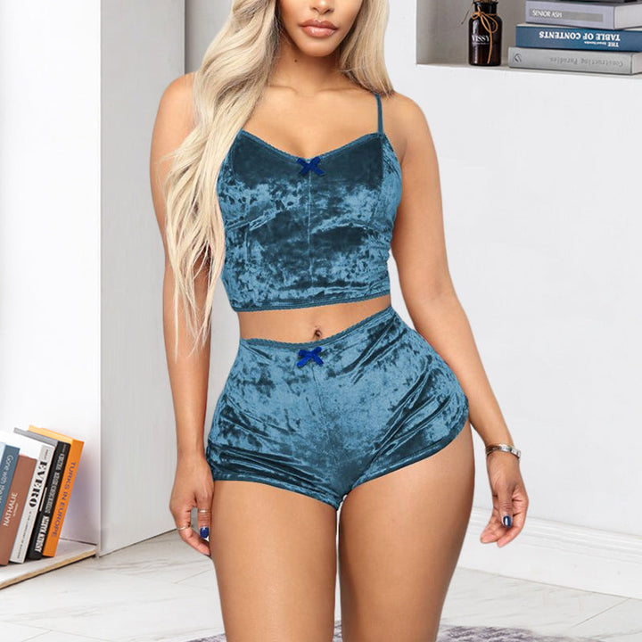 Folded yellow velvet V-neck lingerie set, showcasing the soft fabric and design details