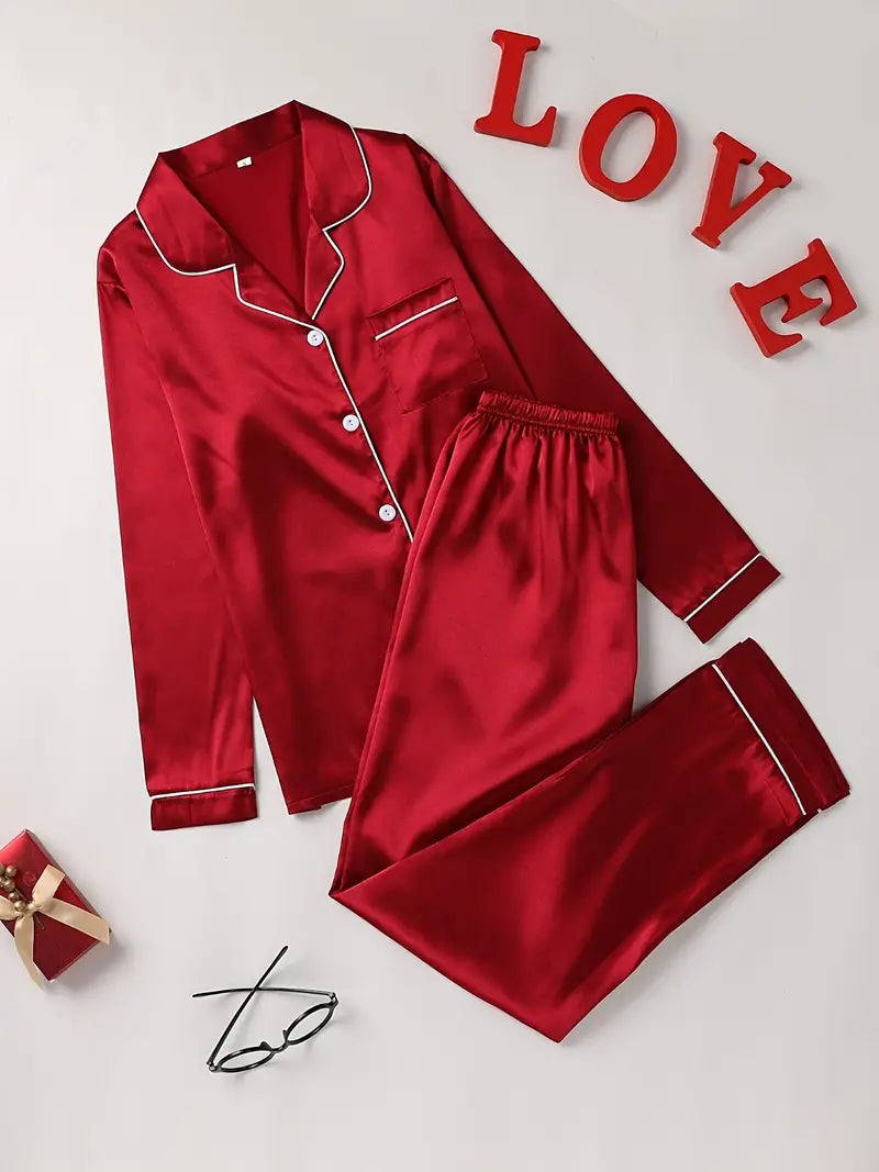 Women's luxurious satin pajama set for elegant comfort, a perfect two-piece sleepwear outfit.