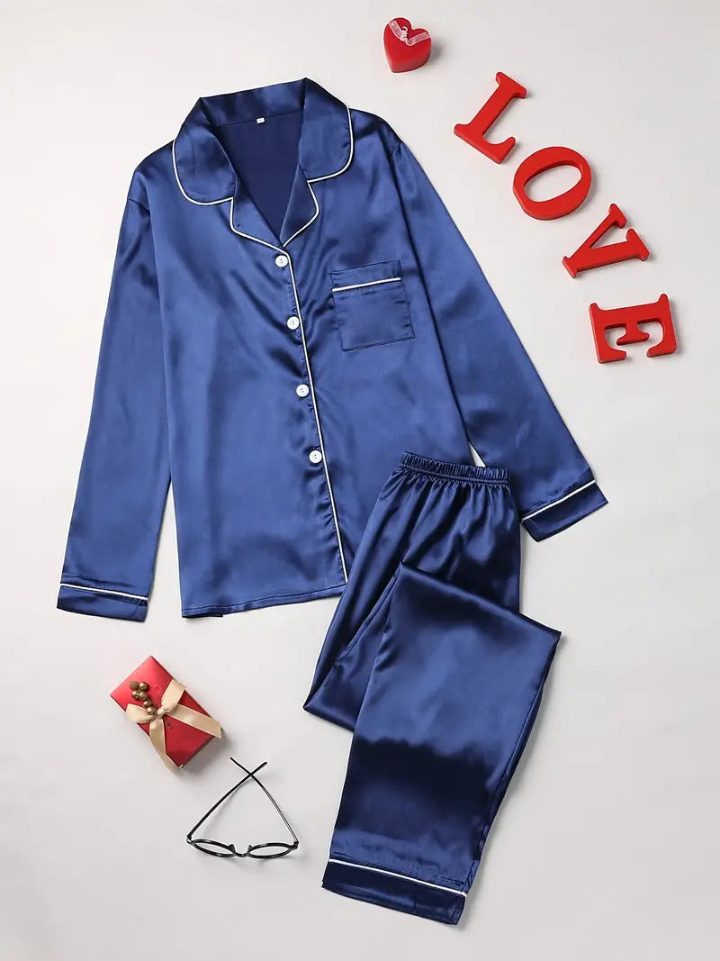 Elegant women's two-piece satin pajama set, offering supreme comfort and stylish nightwear.