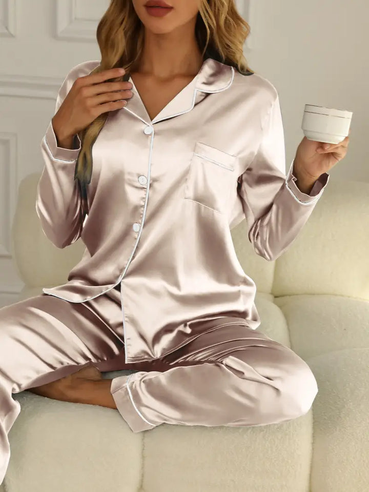 Premium women's silk-like satin pajamas, a chic sleep set for luxurious everyday wear and comfort.