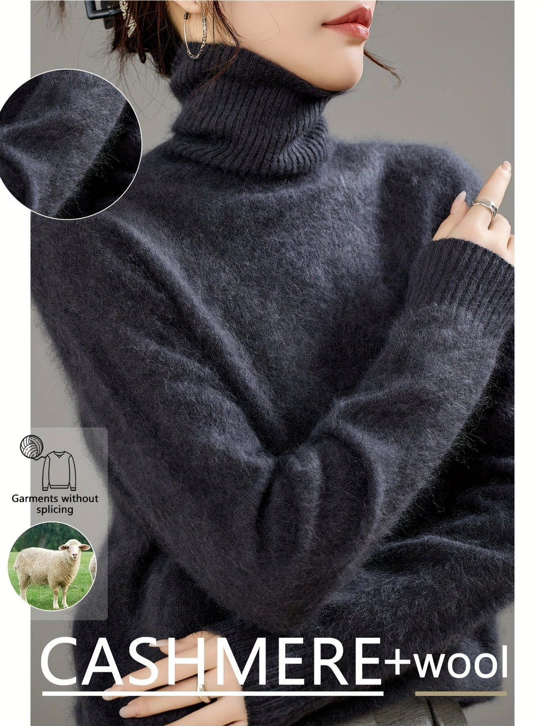 Relaxed fit women's luxurious turtleneck sweater in a stylish gray hue for comfort.