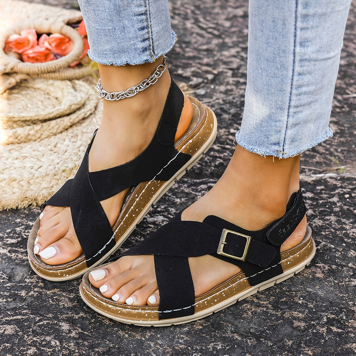 Brown Madeleine comfort sandals for women, perfect for versatile daily wear. Casual flat summer footwear.