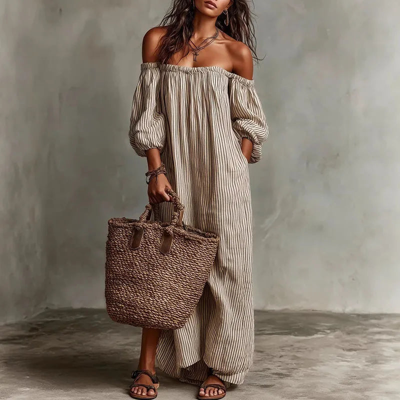 Women's Madison off-shoulder midi dress with puff sleeves, perfect for summer casual wear.
