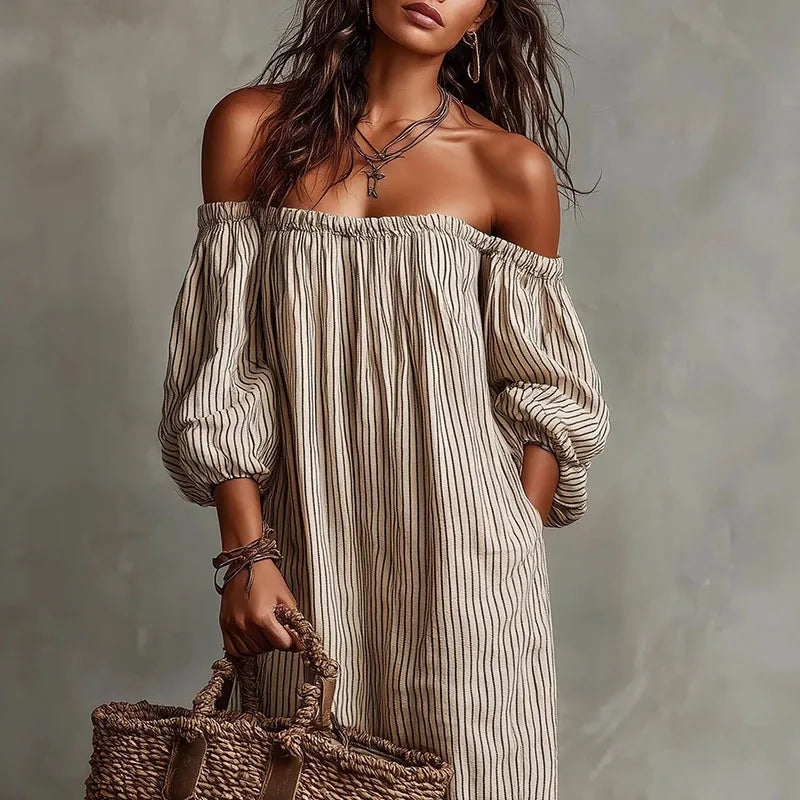 Chic off-shoulder midi dress for women, the Madison features comfortable, breathable fabric & puff sleeves.