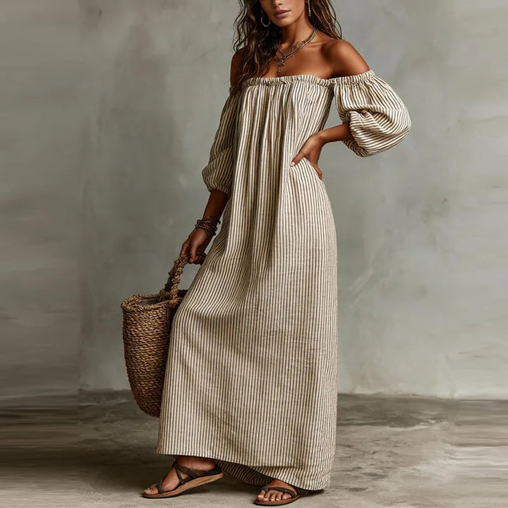 Women's Madison flowy midi dress, off-shoulder design and puff sleeves for chic summer style.