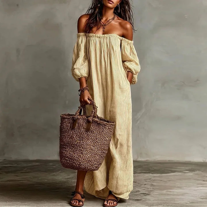Day dress: Madison off-shoulder midi with puff sleeves, perfect for a relaxed yet stylish summer outfit.
