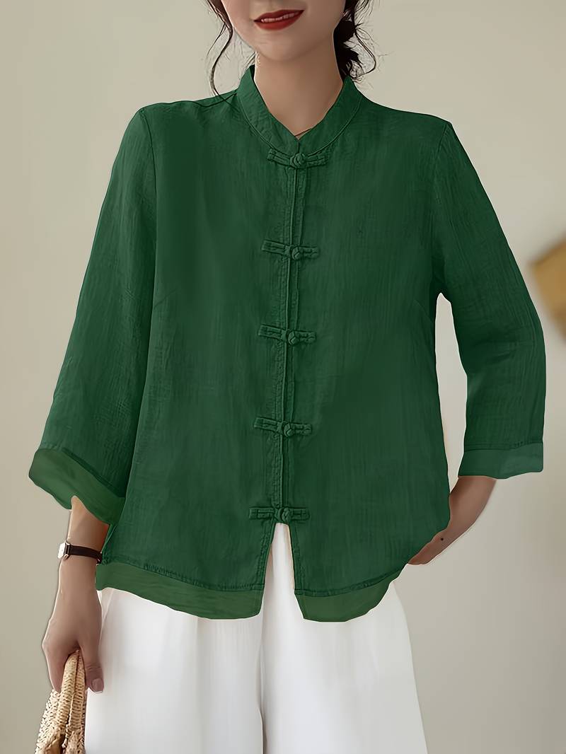 Women's Mandarin collar frog button blouse, elegant & casual, perfect for office or summer.