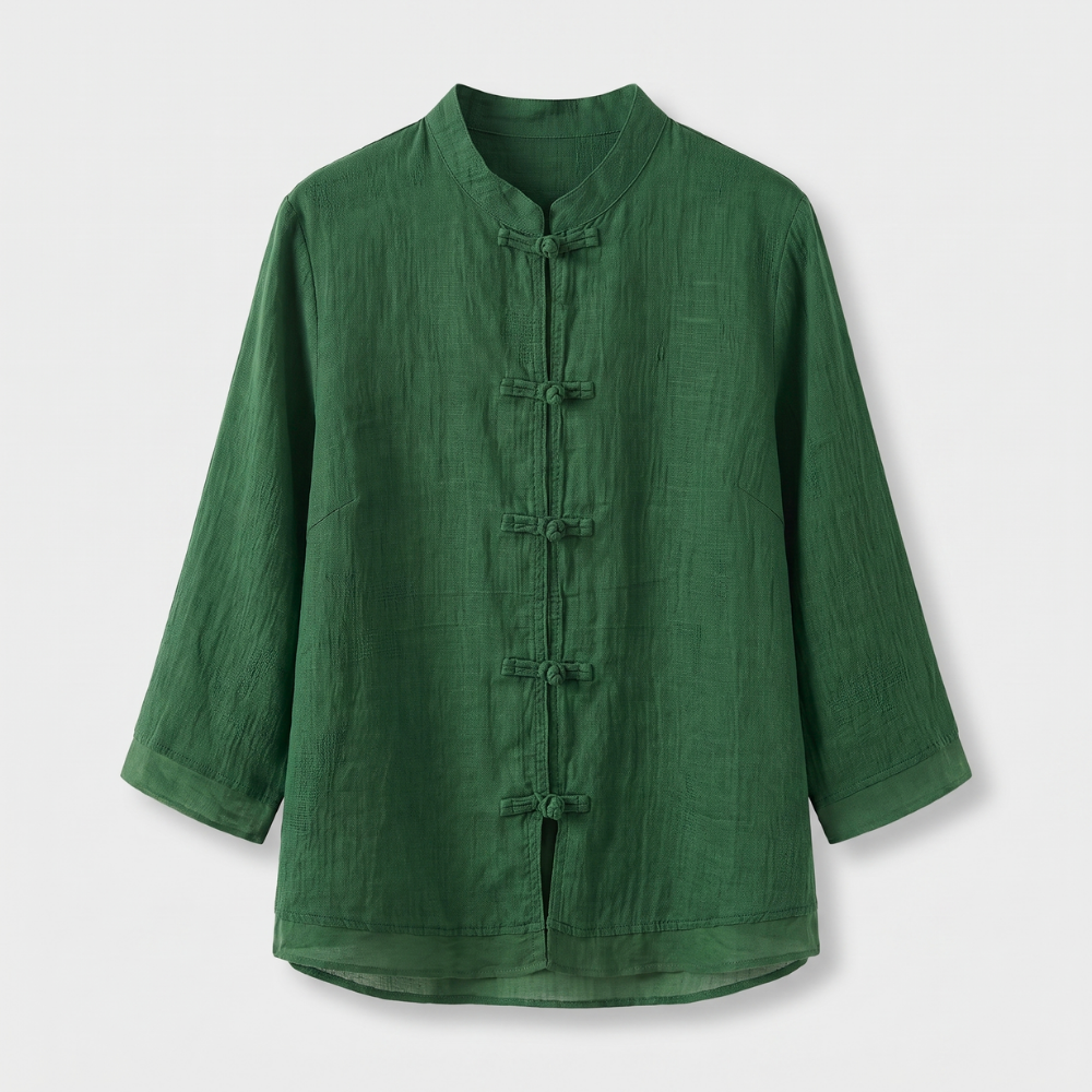 Tailored women's blouse, mandarin collar, unique frog buttons, stylish 3/4 sleeves.