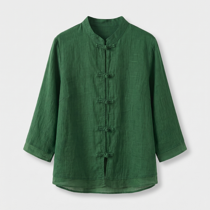 Tailored women's blouse, mandarin collar, unique frog buttons, stylish 3/4 sleeves.
