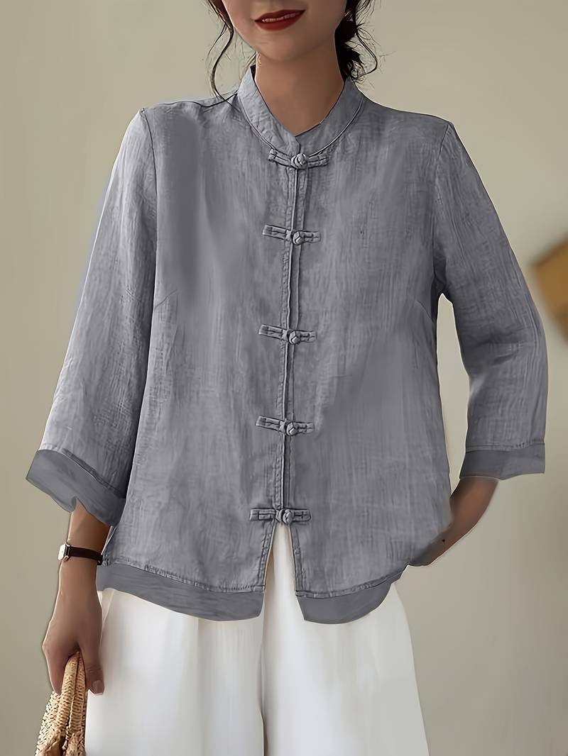 Versatile women's office wear blouse, mandarin collar, elegant frog buttons, chic summer top.