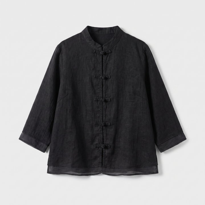 Women's Mandarin Collar Frog Button Blouse – Casual Elegance for versatile styling.