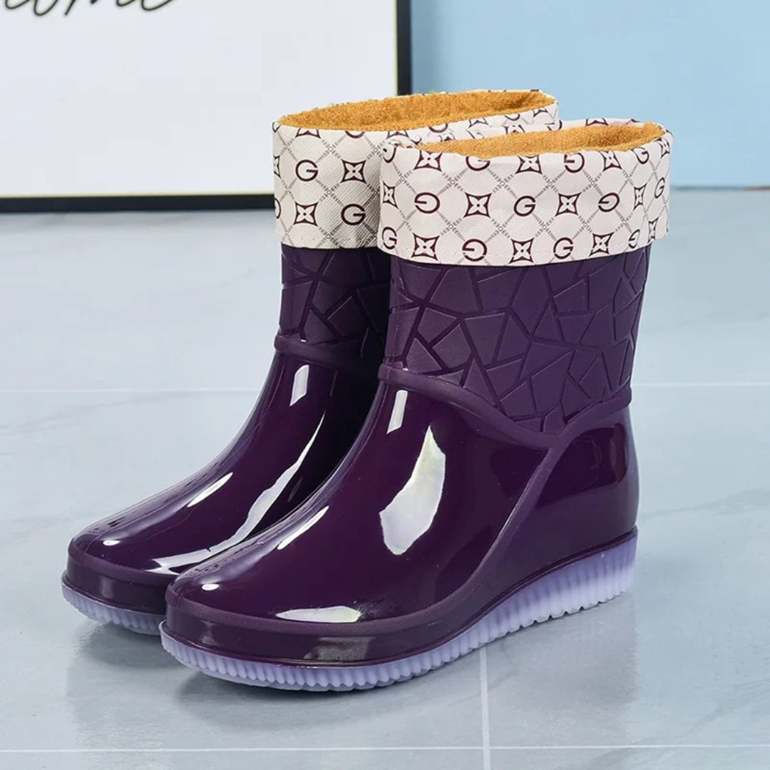 Anti-slip waterproof rain boots for women, Marvella mid-height, with a stylish pattern.