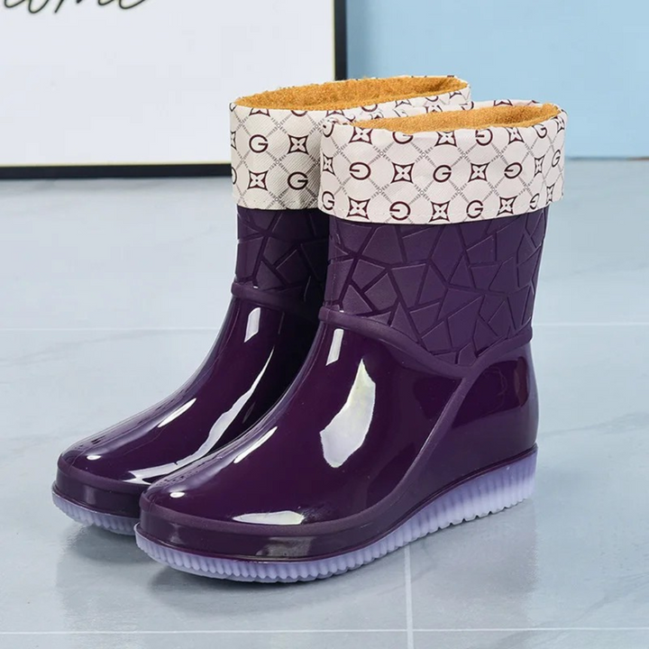 Anti-slip waterproof rain boots for women, Marvella mid-height, with a stylish pattern.