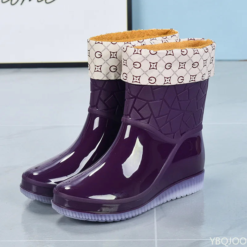 Durable women's rain boots with anti-slip sole, stylish pattern & waterproof construction.