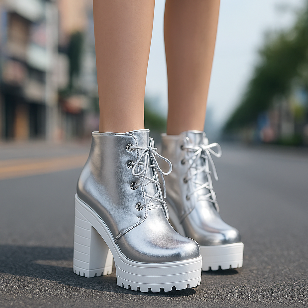 Women's metallic silver lace-up platform ankle boots with thick soles, side view.