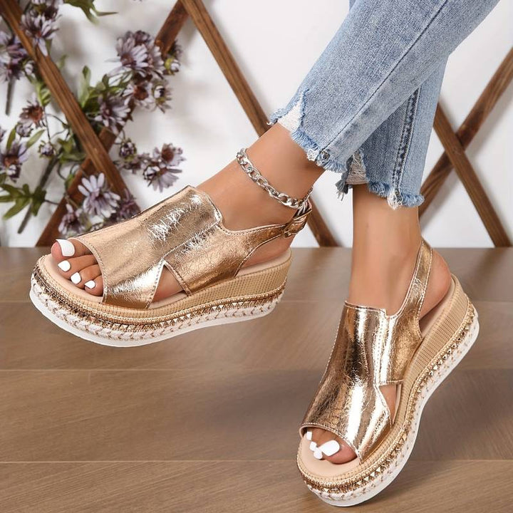 Fashionable women's metallic platform slingback sandals. Stylish open-toe summer wedges for comfort.