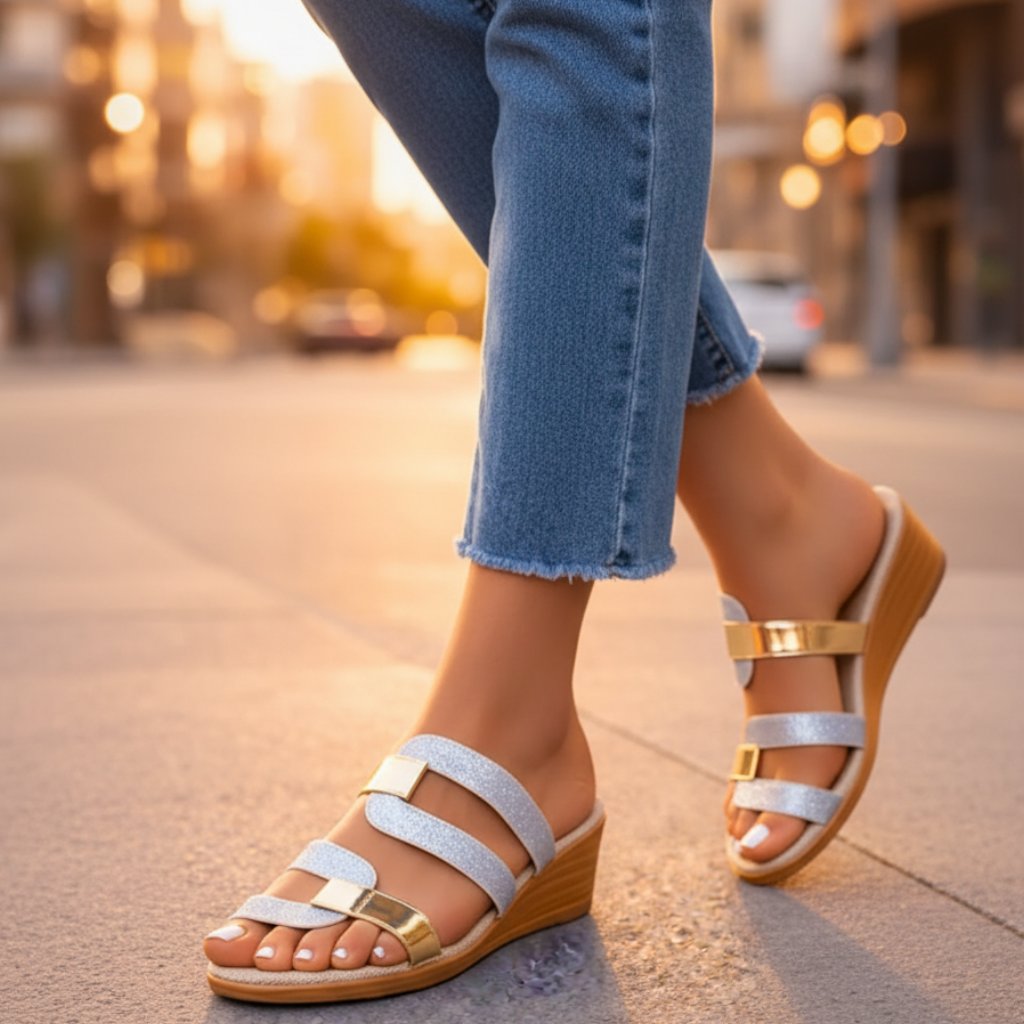 Stylish women's comfort wedge sandals, featuring a metallic finish & supportive platform for vacation.