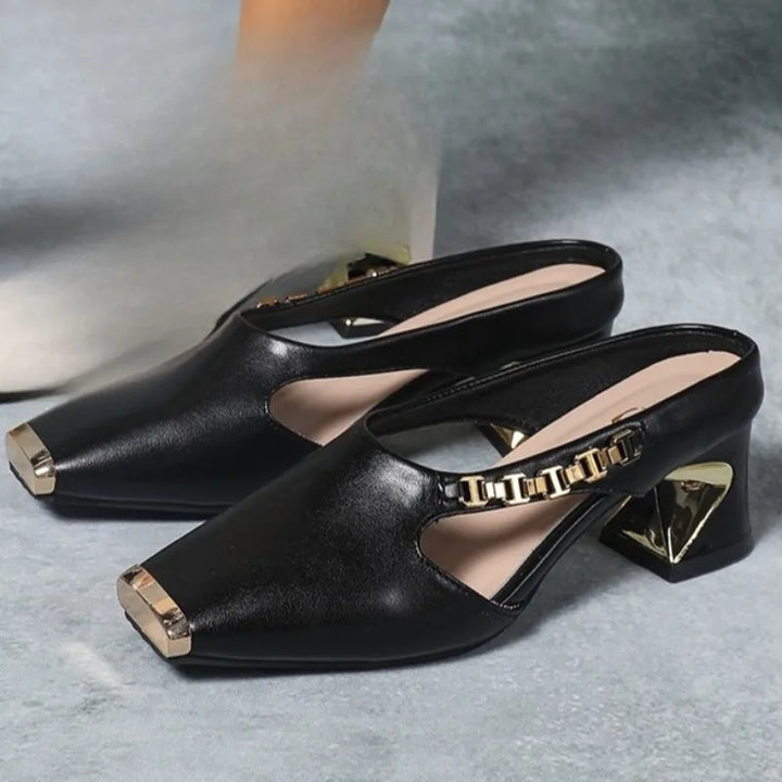 Women's shimmering metallic toe pumps with a chic block heel, fashion footwear