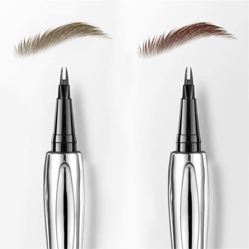 Micro-fork tip liquid eyebrow pencil in a makeup bag, an essential beauty tool for waterproof, lasting brows.