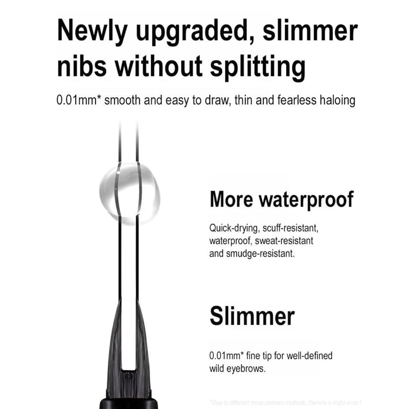 Angled view of the micro-fork tip on a liquid eyebrow pencil, designed for precision and natural hair strokes.