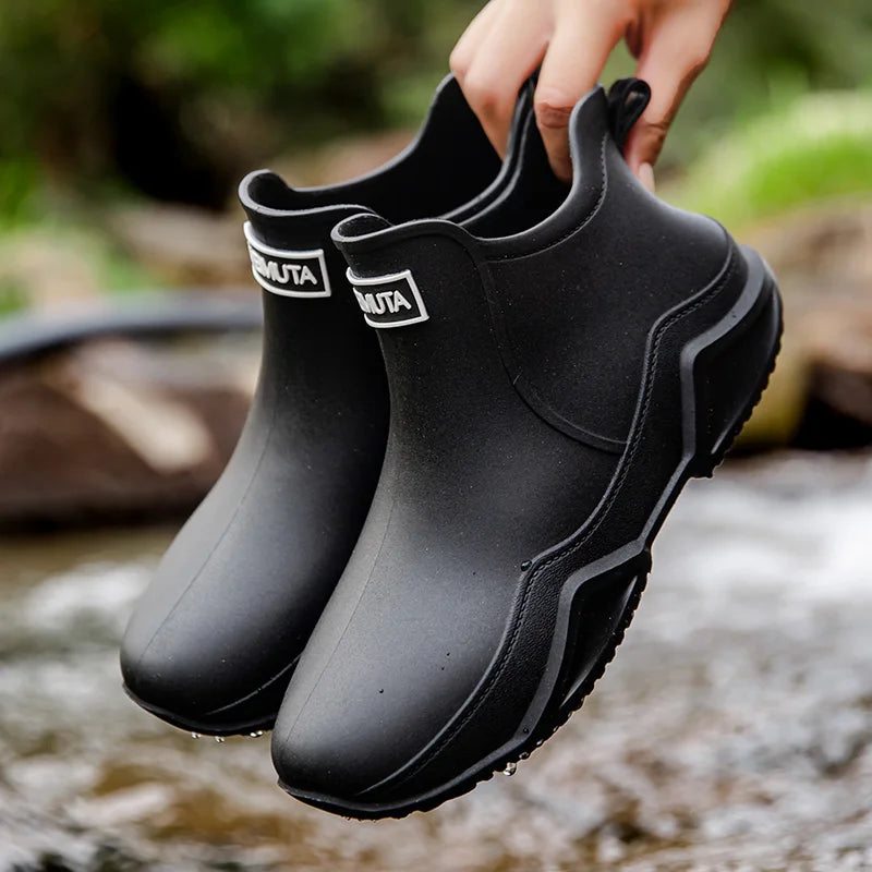 Stylish women's mid-height waterproof rain boots, comfortable for wet weather and garden work.