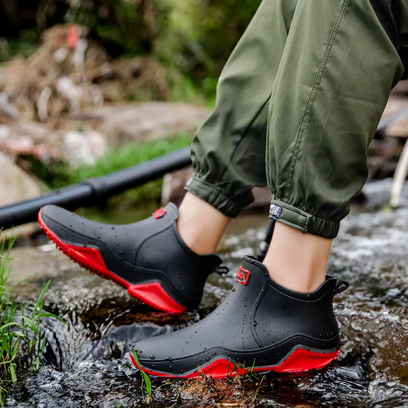 Ladies' fashion rainboots: waterproof mid-height design with anti-slip sole, perfect for wet days.