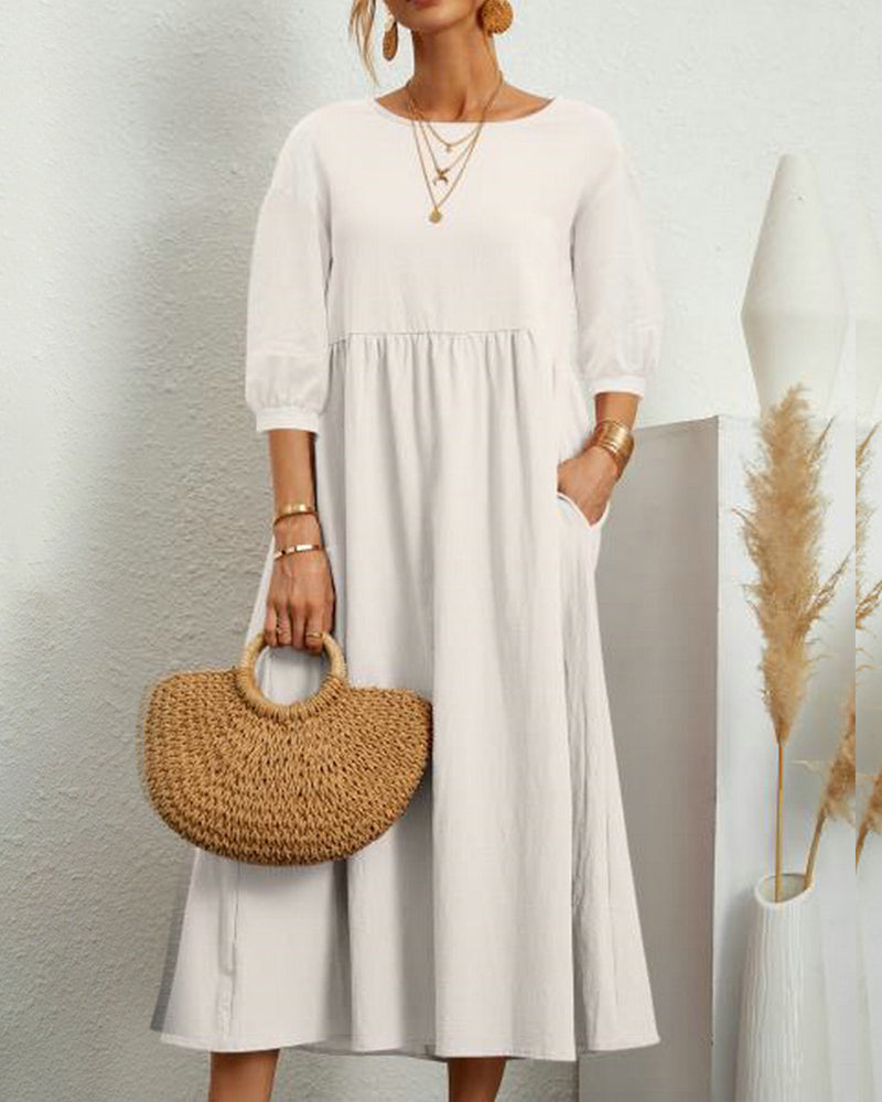Everyday wear women's midi dress, round neck, and distinctive lantern sleeves for a chic look.